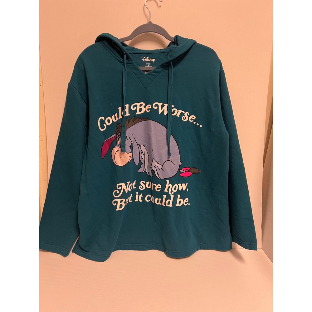 Disney Eeyore Could Be Worse Teal Green Graphic Hoodie Sweatshirt Medium
